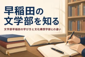 本とノートが置かれた図書館の机と、早稲田大学文学部の学び方を紹介する記事のタイトル